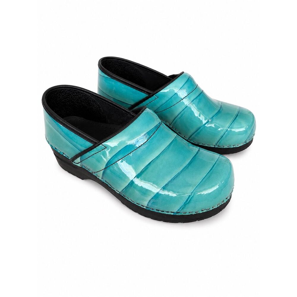Sanita Patent Leather Danish Clogs Ombre Turquoise Teal Slip-On Comfort Shoes